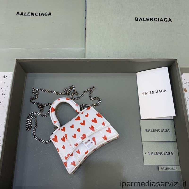 Replica Balenciaga San Valentino 22 Mini Borsa A Clessidra Con Catena In Pelle Di Vitello Cuore Bianco Rosso 11x14x4cm