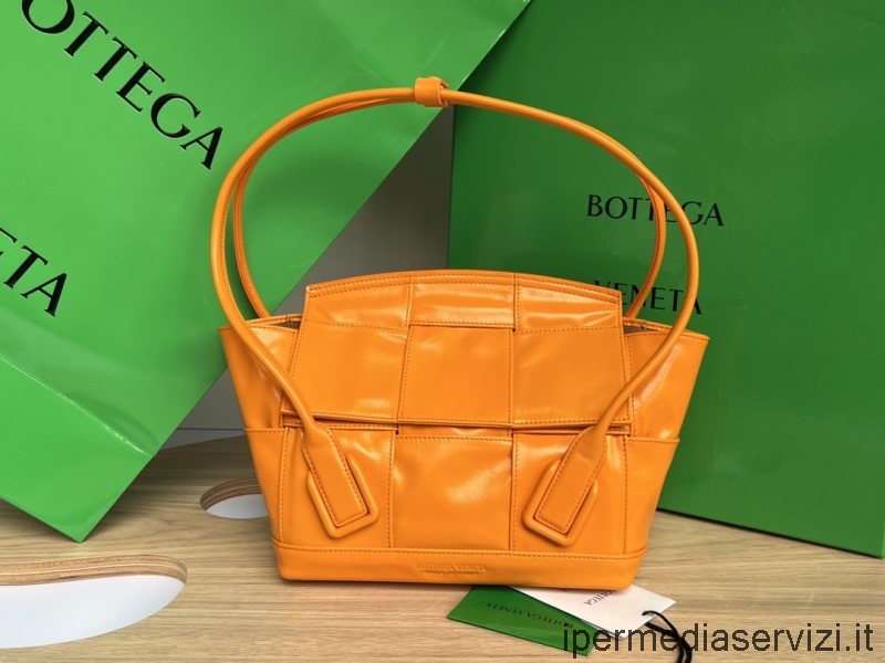 Replica Bottega Veneta Arco 33 Small Orange Intreccio Leather Top Handle Bag 23x21x9cm