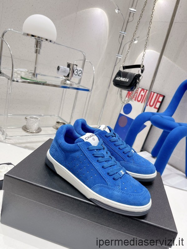 Replica Chanel 2022 Logo Blu In Pelle Scamosciata E Sneakers Basse In Rete Dalla 35 Alla 40