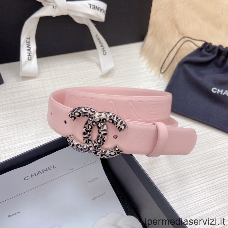 Replica Chanel Rosa Nero Cc Logo Fibbia Cintura In Pelle In Rosa 30 Mm