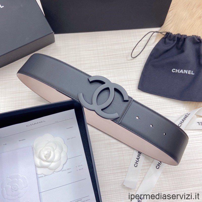 Replica Chanel Vintage Cc Logo Fibbia Cintura In Pelle In Nero Beige 50 Mm