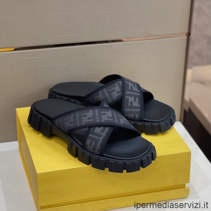 Replica Fendi Mens FF Logo Criss Cross Slide Sandalo In Nero Da 38 A 45