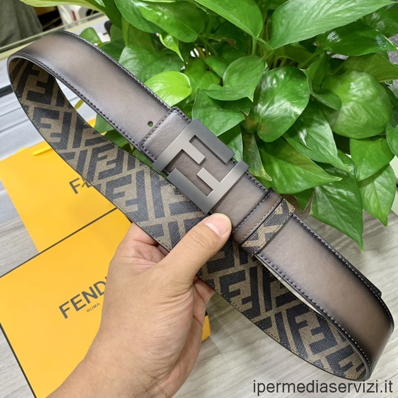 Replica Fendi Mens Ff Logo Placca Reversibile Cintura In Pelle Cuoio Romano Marrone 40mm
