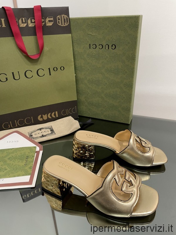 Replica Gucci Donna Interlocking G Cut Out Sandali Con Tacco Scorrevole In Pelle Oro 55mm Da 35 A 42