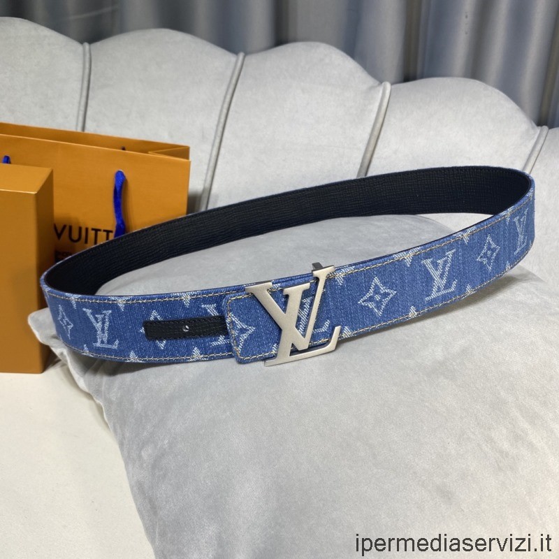 Replica Louis Vuitton Lv Initiales Cintura Reversibile Da 40 Mm In Tela Monogramma Blu Denim E Pelle Nera