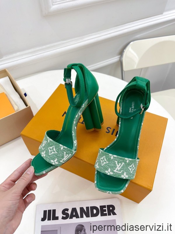 Replica Louis Vuitton Silhouette Verde Denim Monogramma Tacco A Forma Di Fiore Sandalo 100 Mm Da 35 A 41