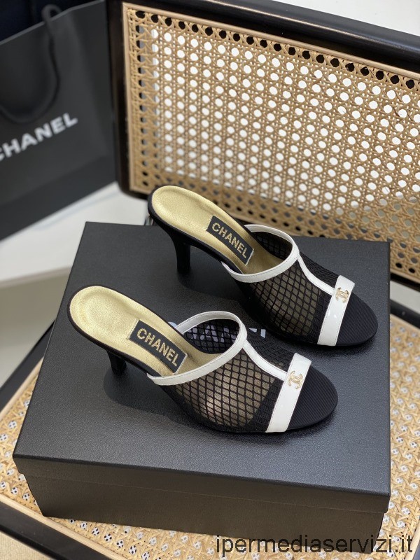 Sandalo Con Tacco In Rete Tecnica Nera Replica Chanel Cc Logo Nero 70mm Da 35 A 40