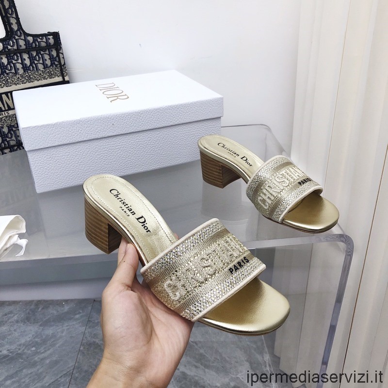 Sandalo Con Tacco Replica Dior Dway In Cotone Dorato Ricamato Con Filo Metallico Da 35 A 42