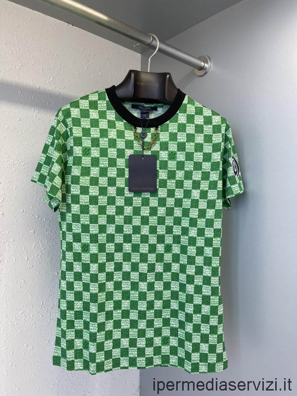 Replica Louis Vuitton Green Lv Match Damier Self Tie Jersey Di Cotone T Shirt Sml