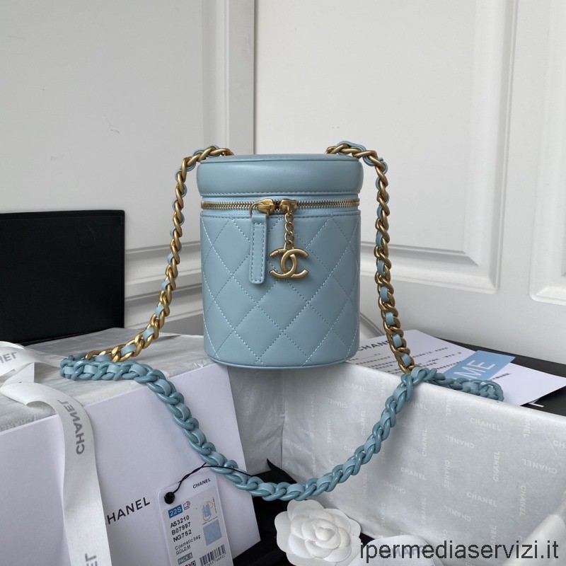 Replica Chanel Piccolo Vanity Case In Pelle Di Agnello Azzurro Con Catena As3210 16x13x11cm