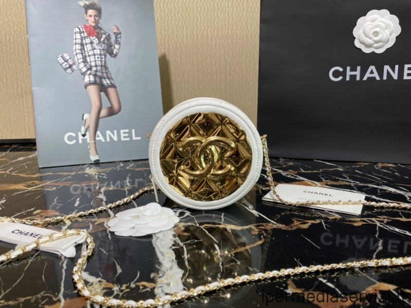 Replica Chanel Tondo Pochette Pochette Da Sera Con Catena In Pelle Di Agnello Bianca E Metallo Dorato Ap2388 12x12x6cm