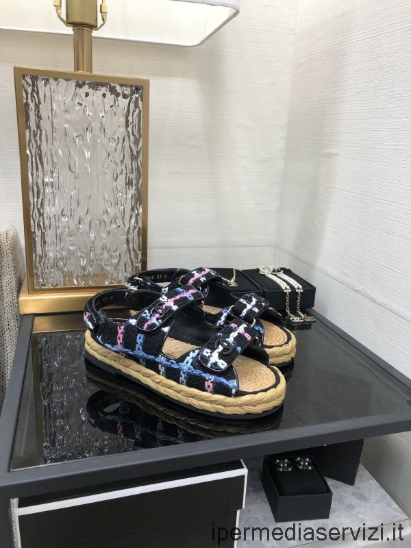 Replica Chanel Cc Dad Espadrillas Sandalo Piatto In Tweed Nero Dal 35 Al 41