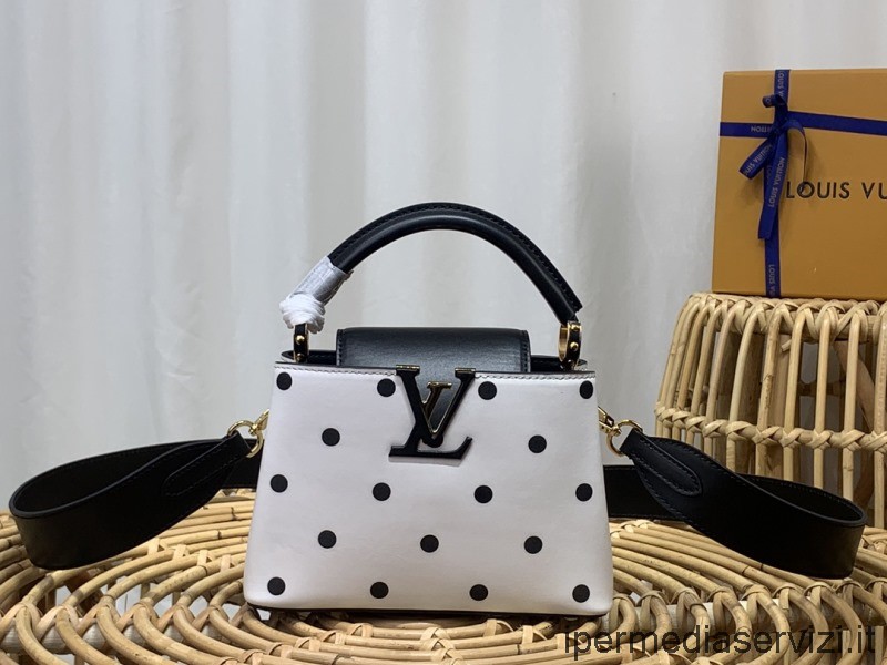 копие на чанта през рамо Louis Vuitton Capucines от черно бяла телешка кожа M20373 M48865 21x14x8cm