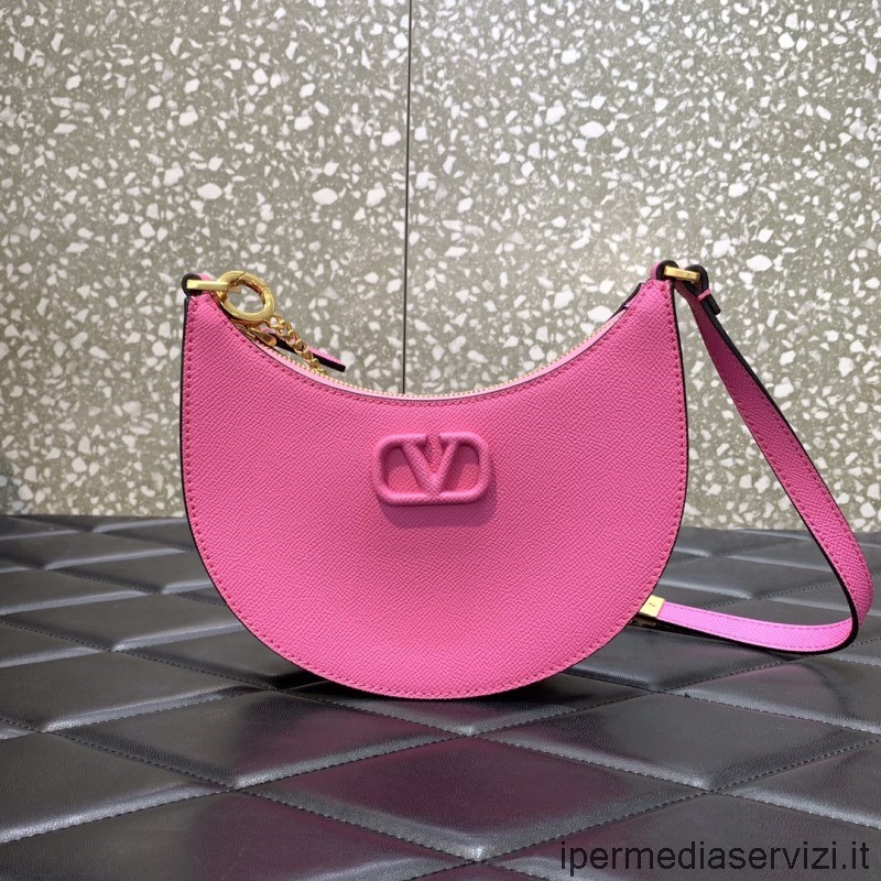 Replica Valentino Mini Role Signature Hobo чанта през рамо от розово червено зърнеста телешка кожа 20x12x4cm