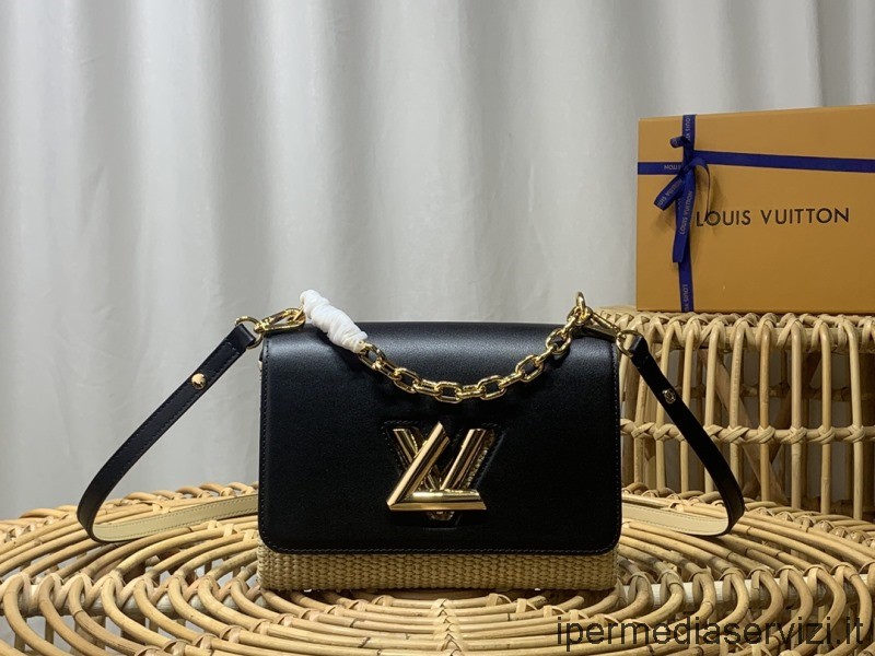 реплика на чанта за през рамо на Louis Vuitton Twist Mm черна устойчива рафия като тъкан от текстил и телешка кожа M57647 23x17x9cm