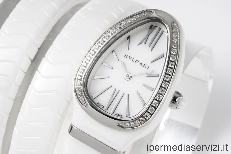 реплика Bvlgari Vip Serpenti Spiga дамски часовник в бяла керамика с диаманти 35мм