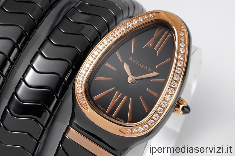 реплика Bvlgari Vip Serpenti Spiga дамски часовник в черна керамика с диаманти 35 мм