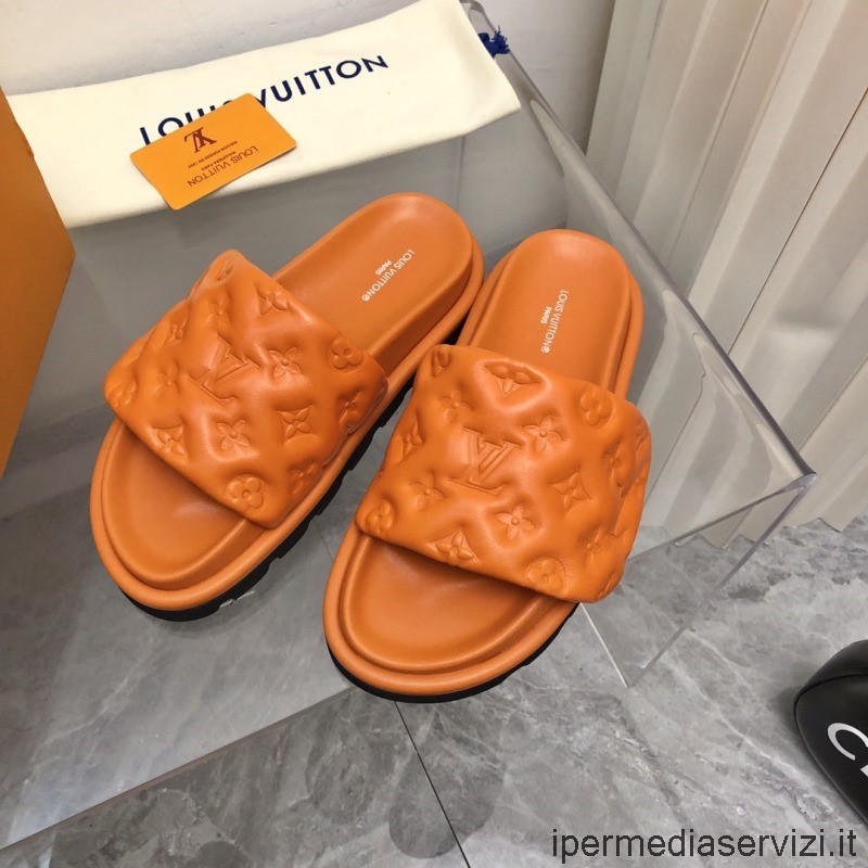 копие на възглавница за басейн Louis Vuitton плоски комфортни сандали на муле в оранжев монограм релефна агнешка кожа 35 до 44
