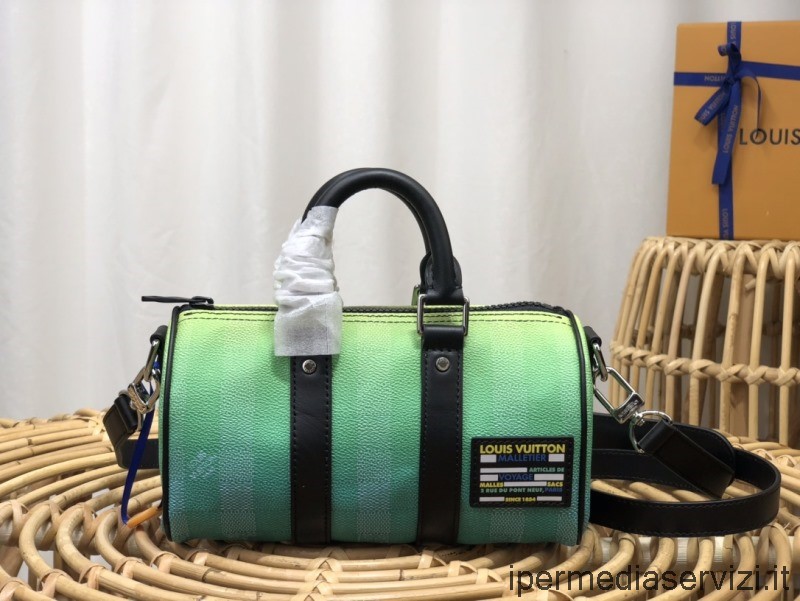 реплика Louis Vuiton Mini Keepall Xs чанта с горна дръжка в градиентно зелено дамиер райе платно M59949 21x12x9cm