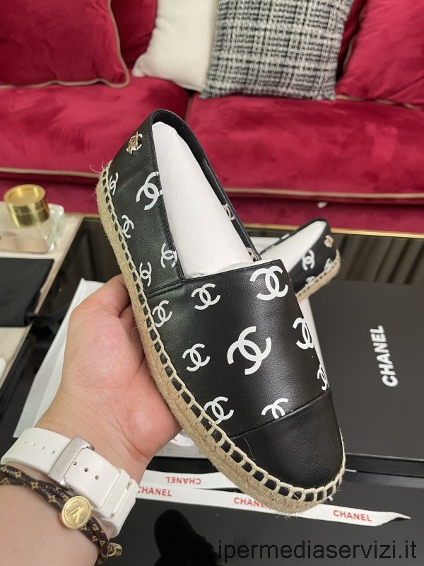 реплика Chanel 2022 Allover Cc лого черни кожени еспадрили равни обувки 35 до 42