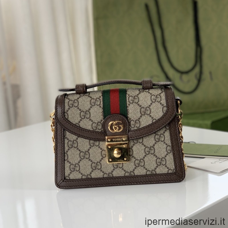 реплика Gucci Ophidia Gg мини чанта през рамо с горна дръжка в бежово и абанос Gg Supreme Canvas 696180 17x13x6cm