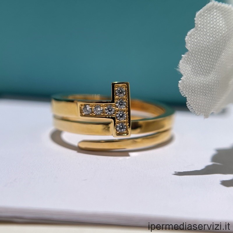 копие на квадратни пръстени с диамантено обвиване на Tiffany T от жълто злато