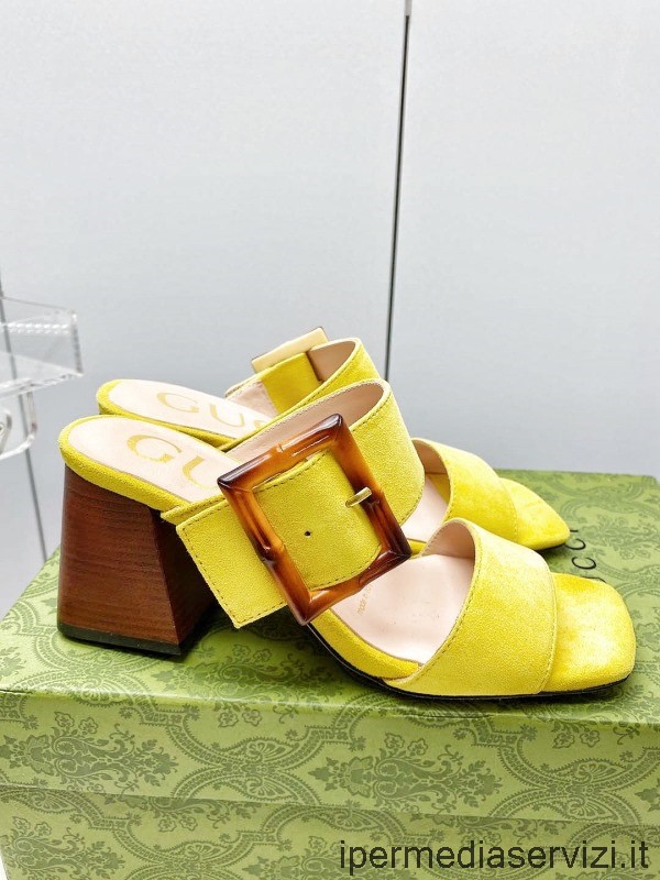 реплика дамски сандали от жълта велурена кожа с токчета Gucci с бамбукова катарама 70 мм 35 до 41