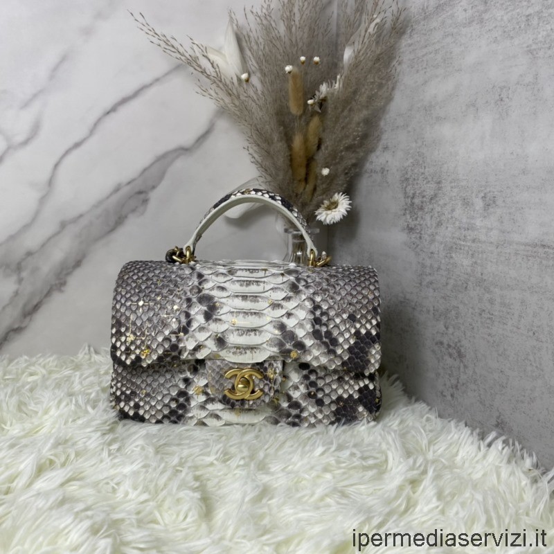 копие на мини чанта Chanel 2022 с горна дръжка от сива бяла кожа на питон As2431 13x20x9cm