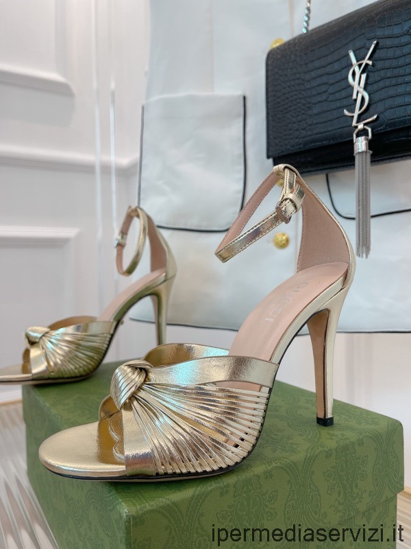 копие на Gucci златен металик Nappa Crawford възел каишка на глезена сандали с токчета 105 мм 35 до 41