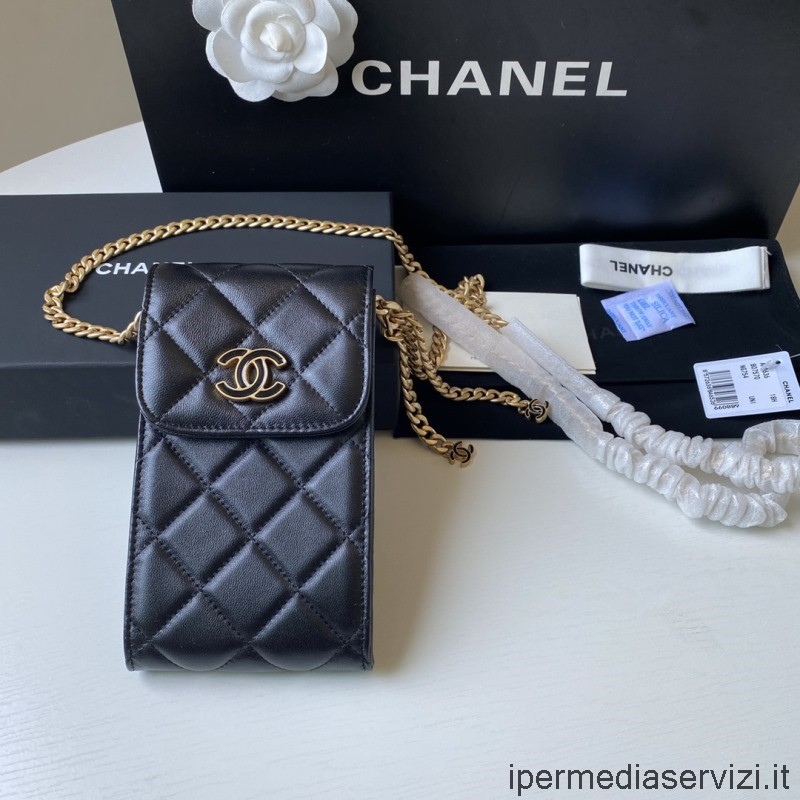 реплика Chanel Cc стойка за телефон с верижка от черна агнешка кожа Ap2636 15x10x4cm