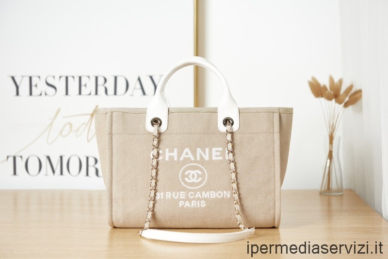 реплика Chanel голяма пазарска чанта през рамо довил верига в бежово бяло A66941 38x22x13cm