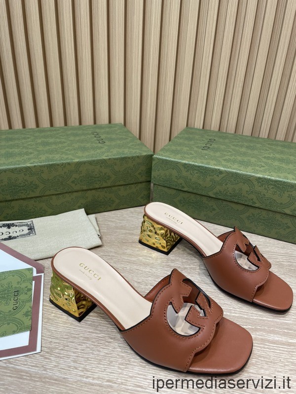 реплика дамски сандали на кафява кожа 55 мм 35 до 42 с изрязани плъзгащи се сандали на ток на Gucci