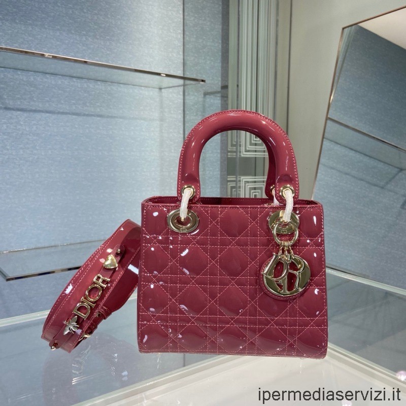 реплика диор малка дамска чанта за кръстосано тяло Dior от розова лачена телешка кожа 20x8x17см