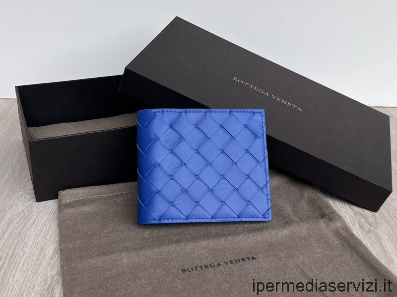 реплика Bottega Veneta двукратно сгъване синьо кожен портфейл Intrecciato 11x9x1cm