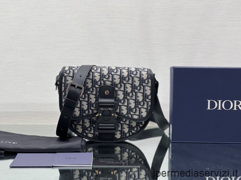 Borsa Messenger Da Uomo Replica Dior Galoppo In Jacquard Dior Oblique Beige E Nero E Pelle Di Vitello Granulata Nera 20x16x5cm