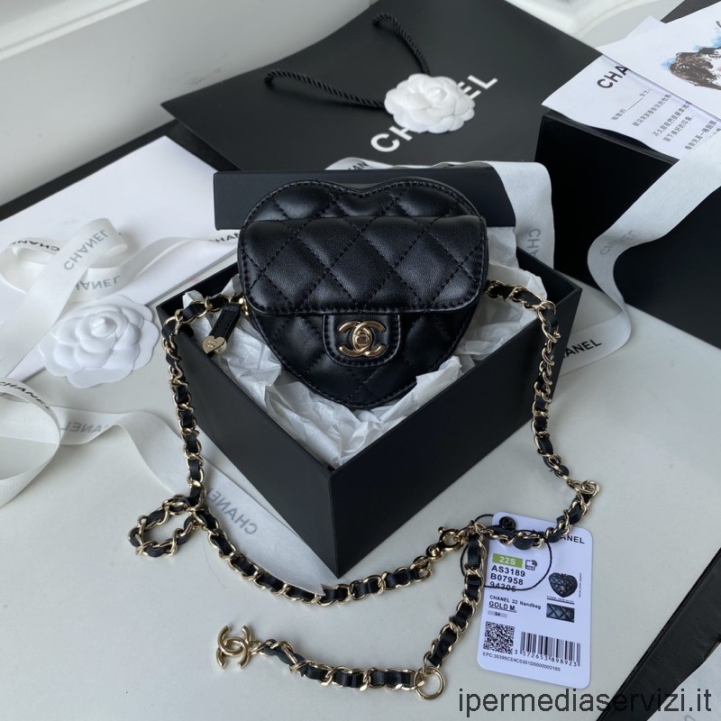 Replica Chanel 2022 Pochette Cuore Con Catena In Pelle Di Agnello Nera As3189 8x11x5cm