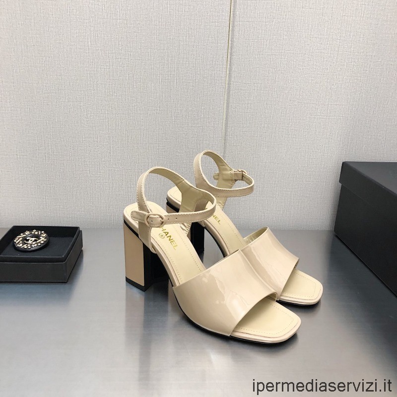 Replica Chanel 2022 Sandalo Con Tacco In Pelle Verniciata Beige 75mm Da 35 A 40