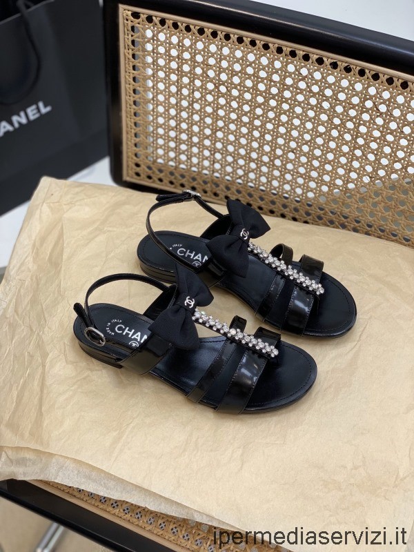 Replica Chanel Cc Bowknot Cristalli Nero Sandalo Piatto In Pelle Da 35 A 41