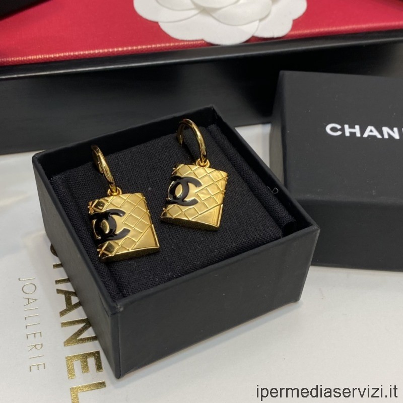 Replica Chanel Oro Nero Cambon Cc Trapuntato Goccia Orecchini Pendenti
