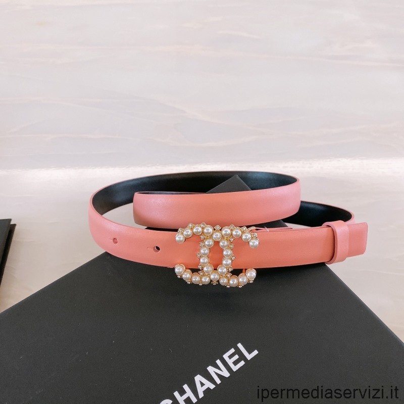 Replica Chanel Pearls Cc Logo Cintura In Pelle Rosa 20mm