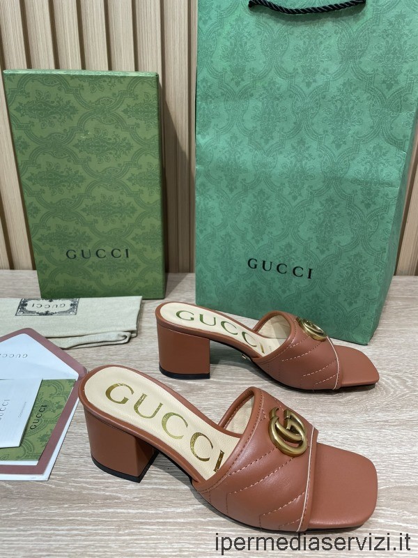 Replica Gucci Doppia G Marrone In Pelle Matelassé Sandalo Con Tacco 55mm Da 35 A 41