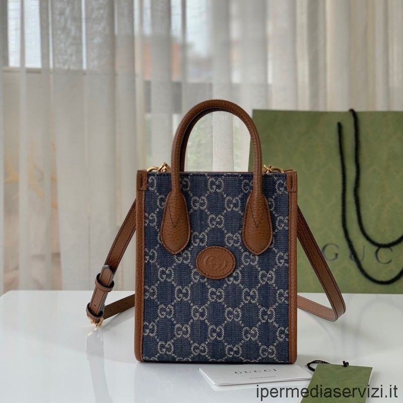 Replica Gucci Mini Tote Bag Con G Intrecciata In Jacquard Denim Blu E Avorio Gg 671623 16x20x7cm