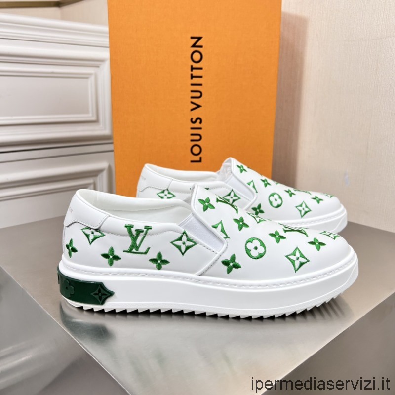Replica Louis Vuitton Mens Beverly Hills Slip On Sneaker Con Monogramma Verde Inciso In Pelle Di Vitello Bianca Da 38 A 45