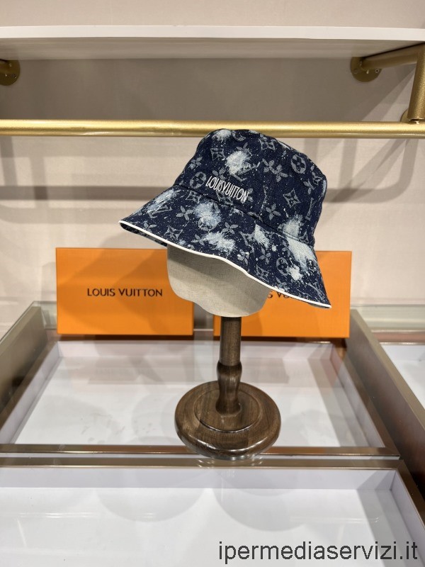 Replica Louis Vuitton Monogramma Denim Blu Tessuto Benna Berretto Cappello Beige