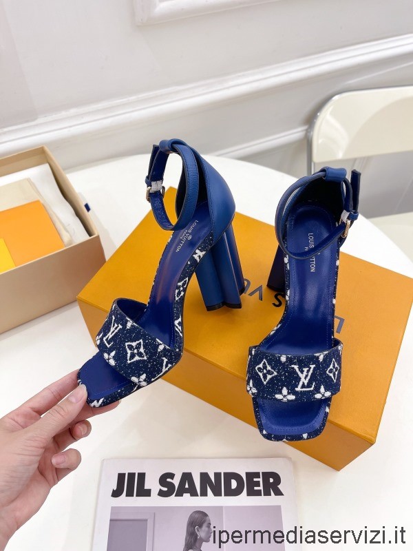 Replica Louis Vuitton Silhouette Blu Denim Monogramma Tacco A Forma Di Fiore Sandalo 100 Mm Da 35 A 41
