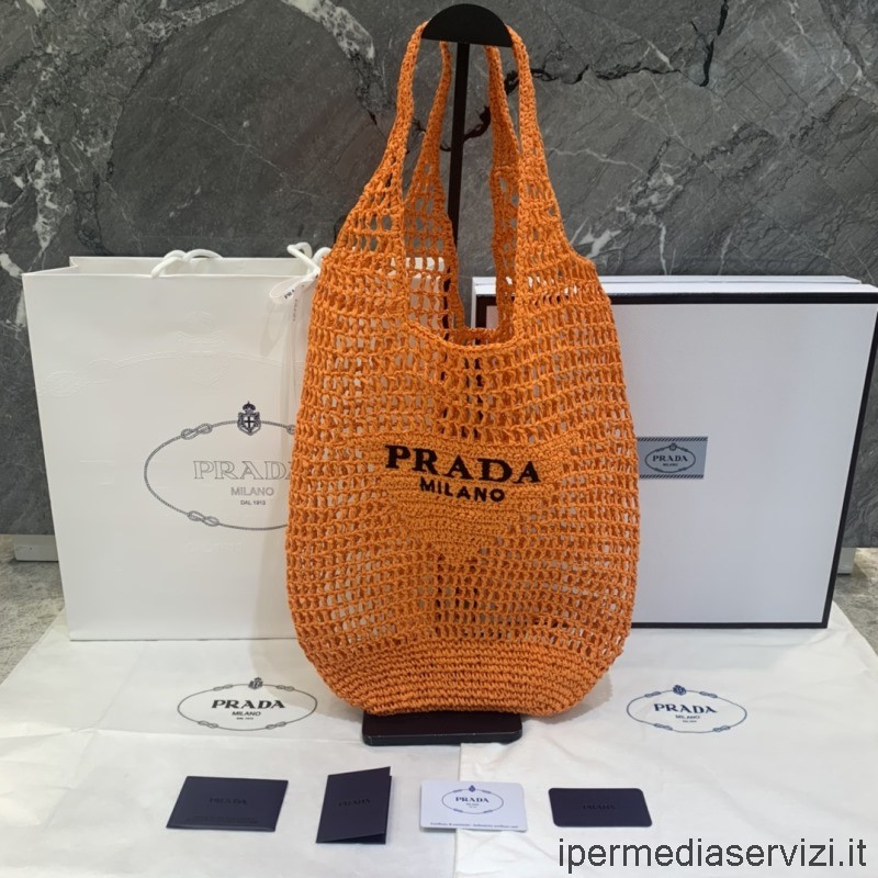 Replica Prada Borsa Tote Grande In Rafia Morbida Arancione Con Logo Prada Lettering Ricamato 1bg424 44x42cm