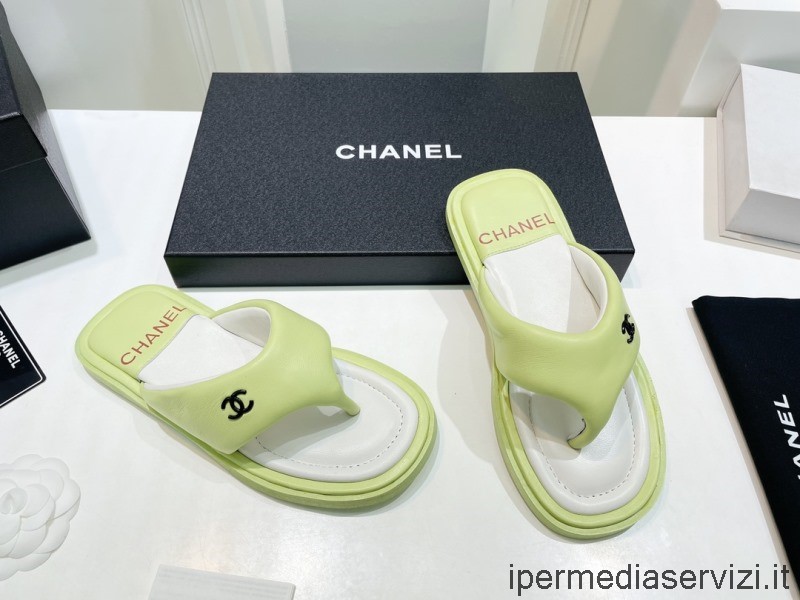 Sandalo Infradito In Pelle Con Logo Chanel 2022 Cc Replica In Verde Chiaro Da 35 A 40