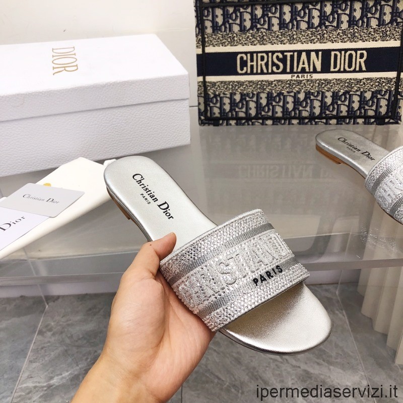 Sandalo Slide Replica Dior Dway In Cotone Argento Ricamato Con Filo Metallico Da 35 A 42