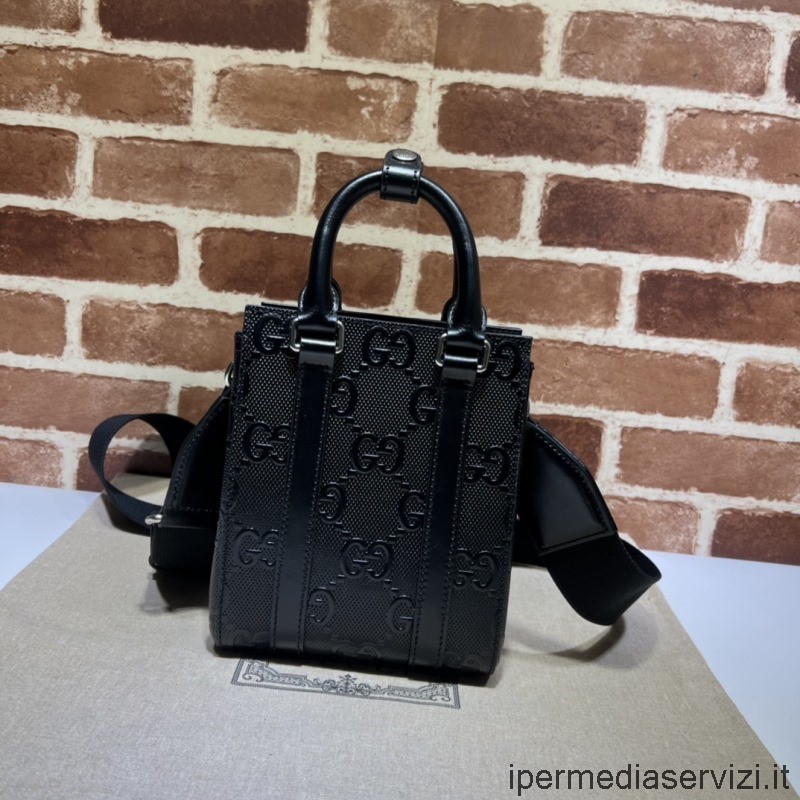 Replica Gucci GG Embossed Mini Tote Bag in Black GG Embossed Leather 696010 16x20x7CM