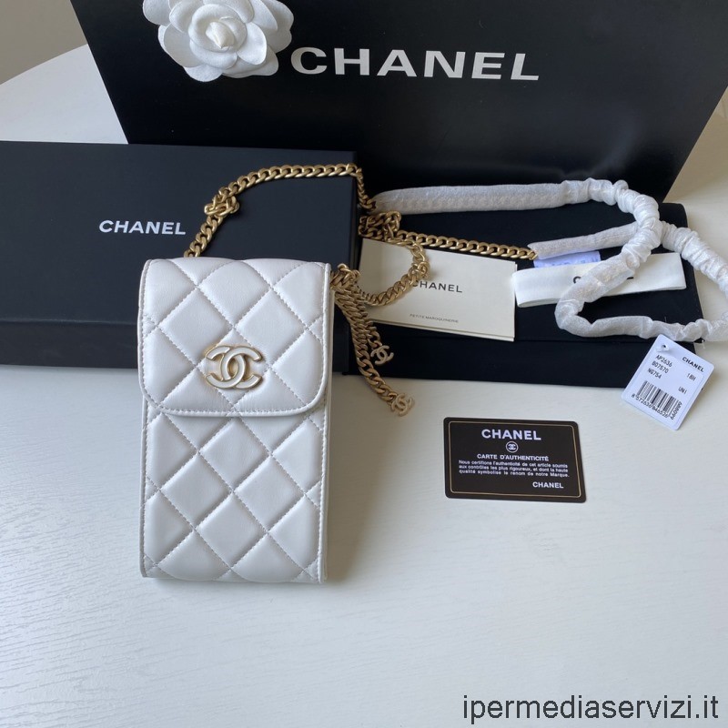 Replica Chanel Cc Porta Telefono Con Catena In Pelle Di Agnello Bianca Ap2636 15x10x4cm